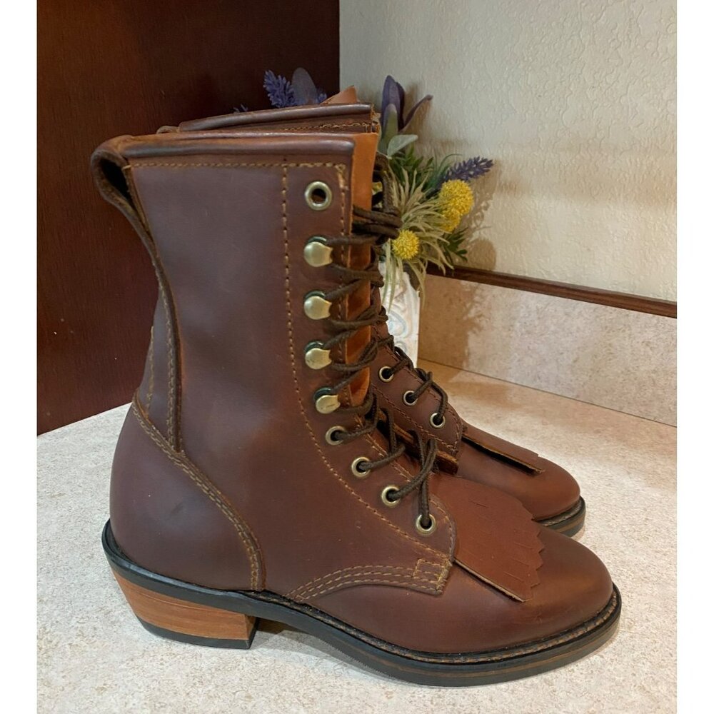 Vintage Durango Oiled Leather Lace-Up Kiltie Packer Boots Womens 5M Western Cowb
